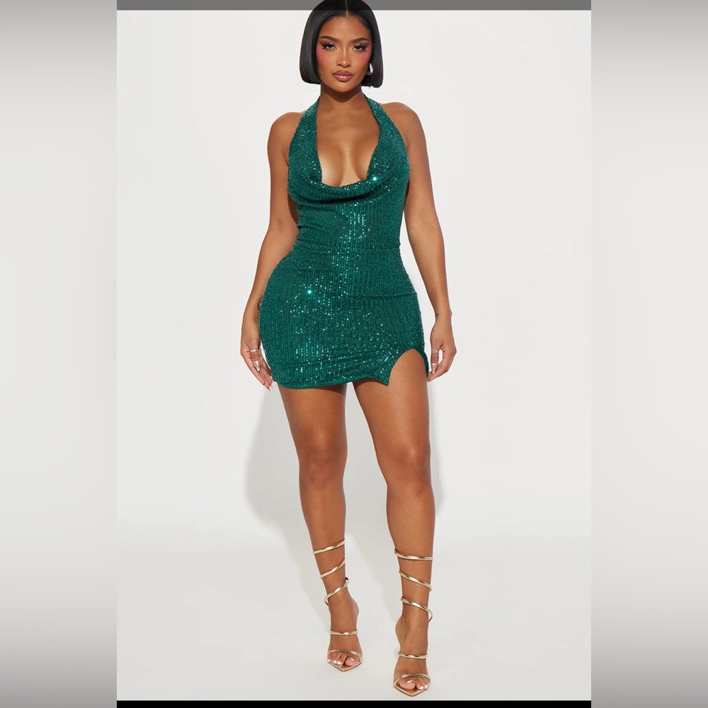 Emerald Green Sequin Halter Mini Dress